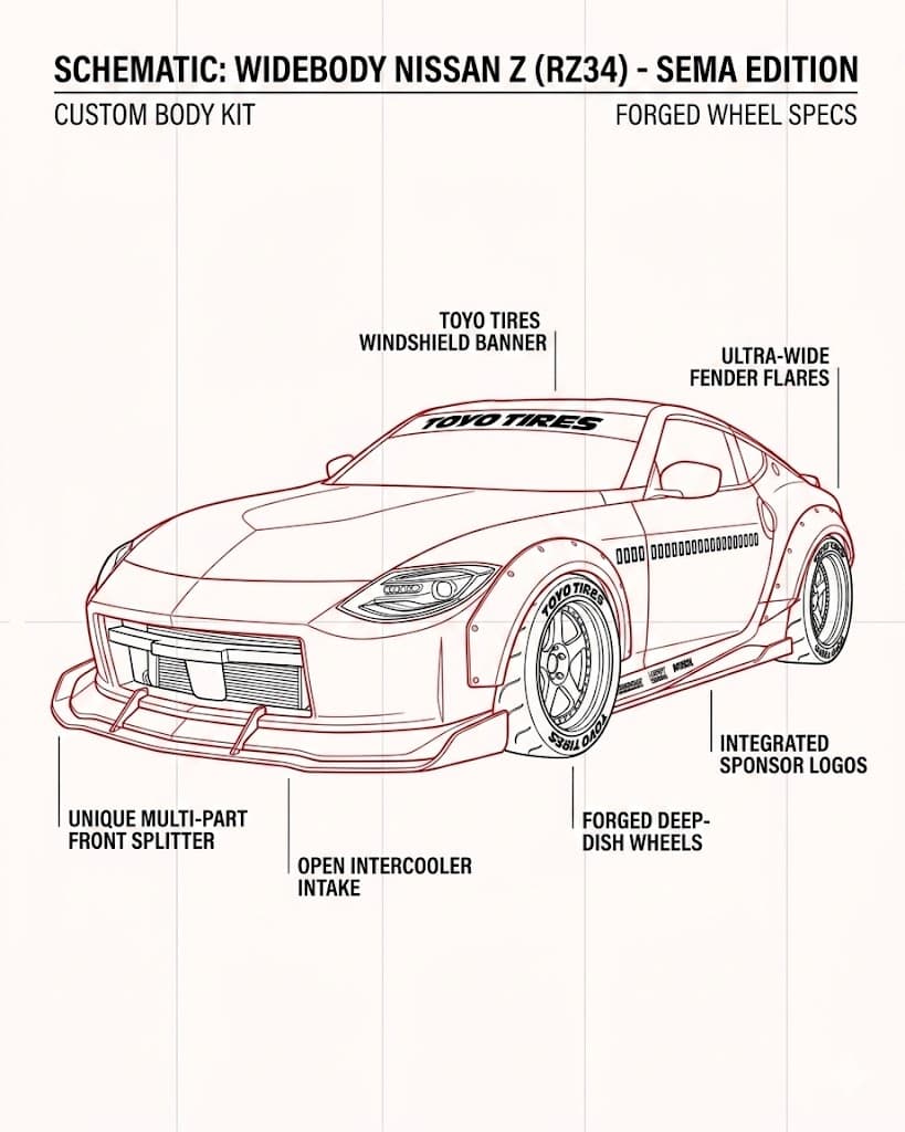 Annotated schematic of the Garage 46 widebody Nissan Z showing wheel and body specifications