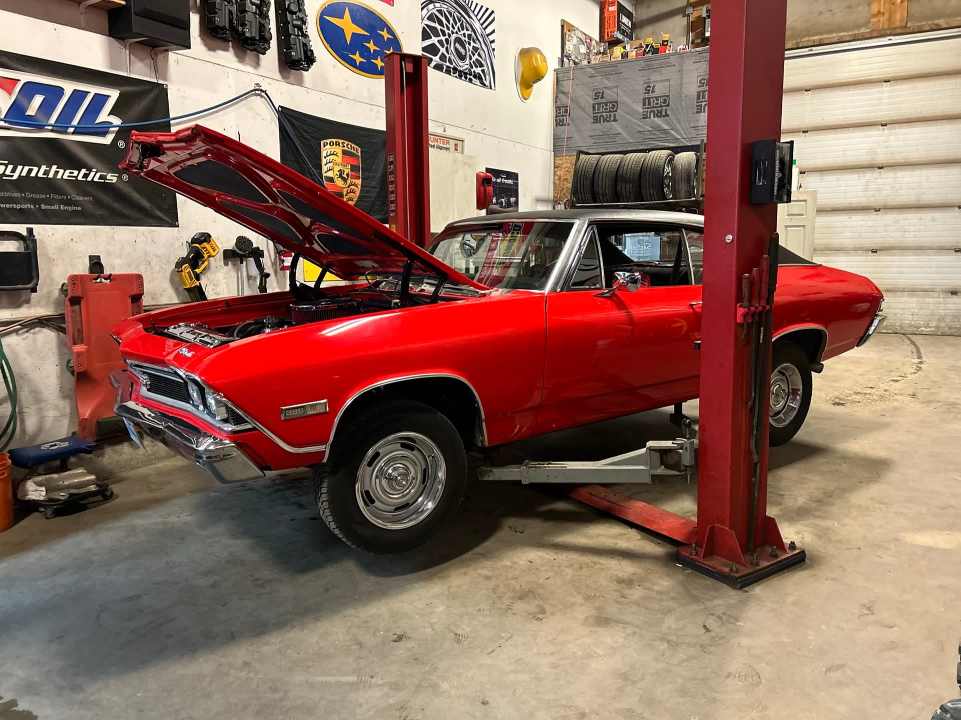A classic Chevelle on the lift in the Garage 46 service bay