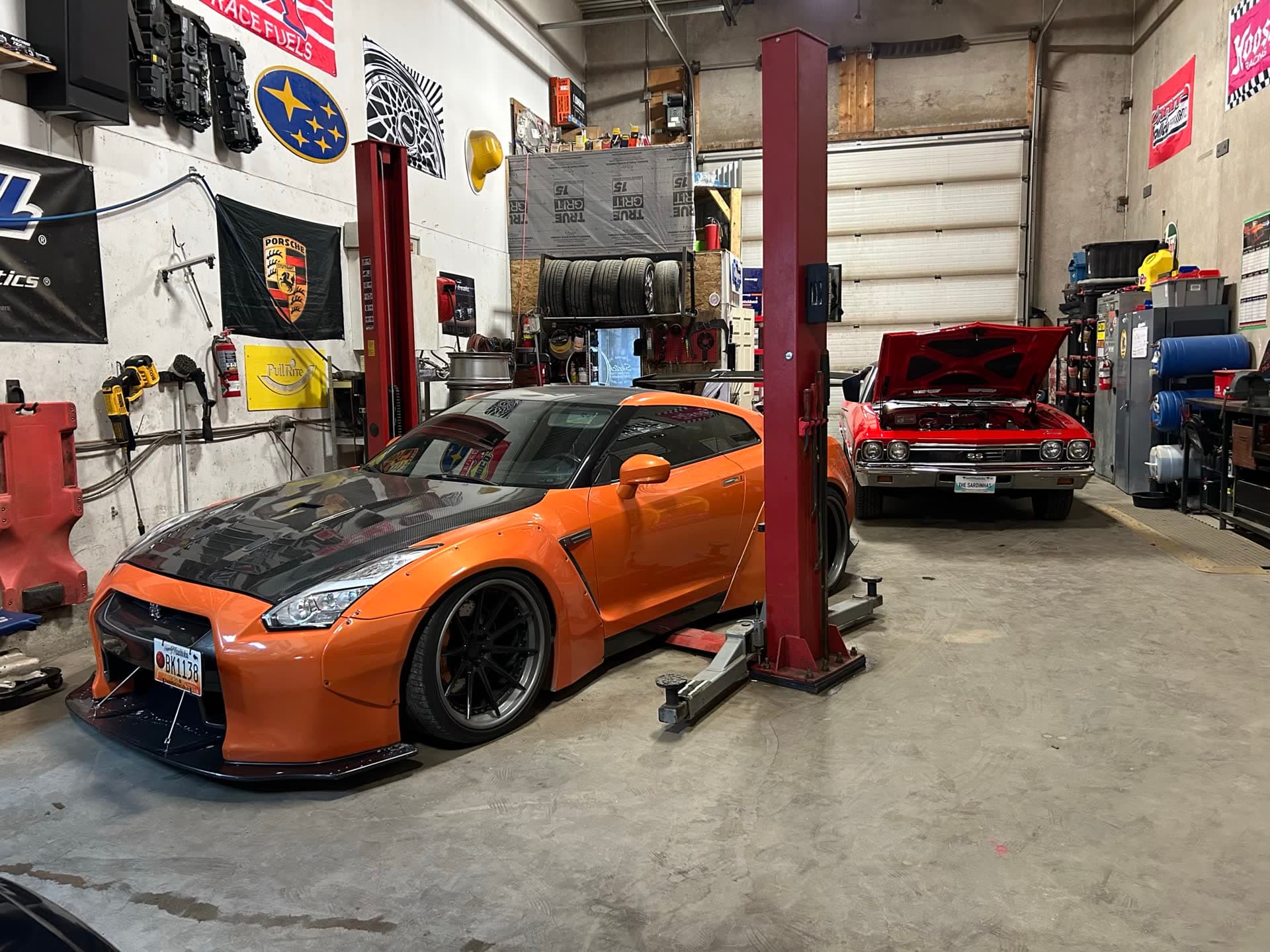 A widebody R35 GT-R in the Garage 46 performance bay