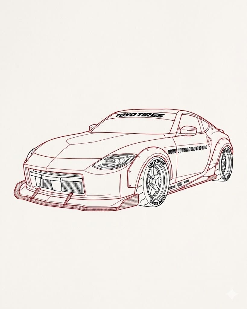 SEMA widebody Nissan Z line illustration, 3/4 front
